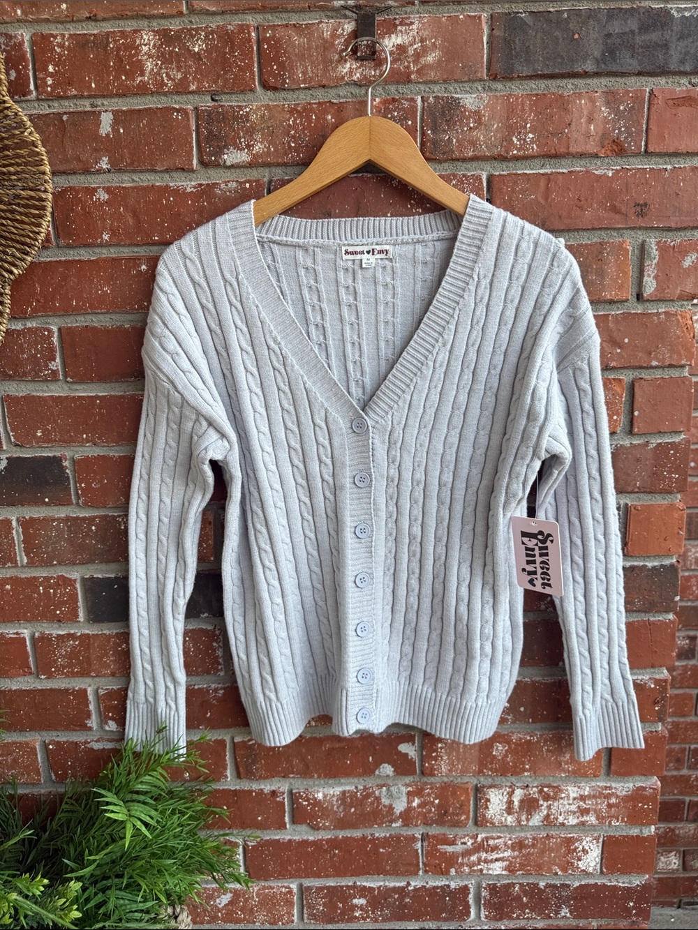 Light Gray Soft Cable V-Neck Button Cardigan
